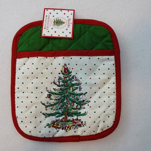 Spode Christmas Tree Oven Pot Holder Set of 2 Holiday Polka Dot Festive - Picture 1 of 7